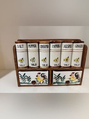 Vintage ceramic  White and Yellow Chicken and Rooster Spice Rack Set with Drawer